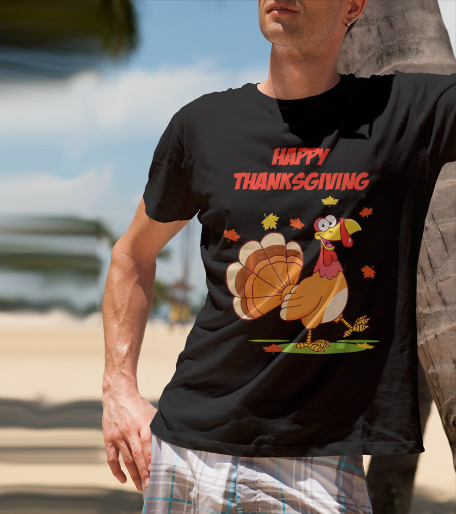 Happy Thanksgiving Funny Turkey Festive Cartoon With Falling Leaves T-Shirt