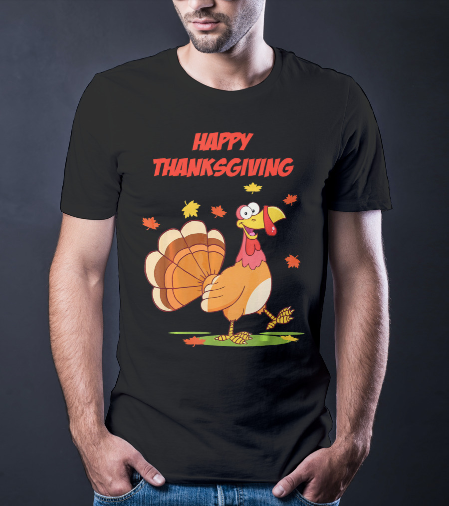 Happy Thanksgiving Funny Turkey Festive Cartoon With Falling Leaves T-Shirt