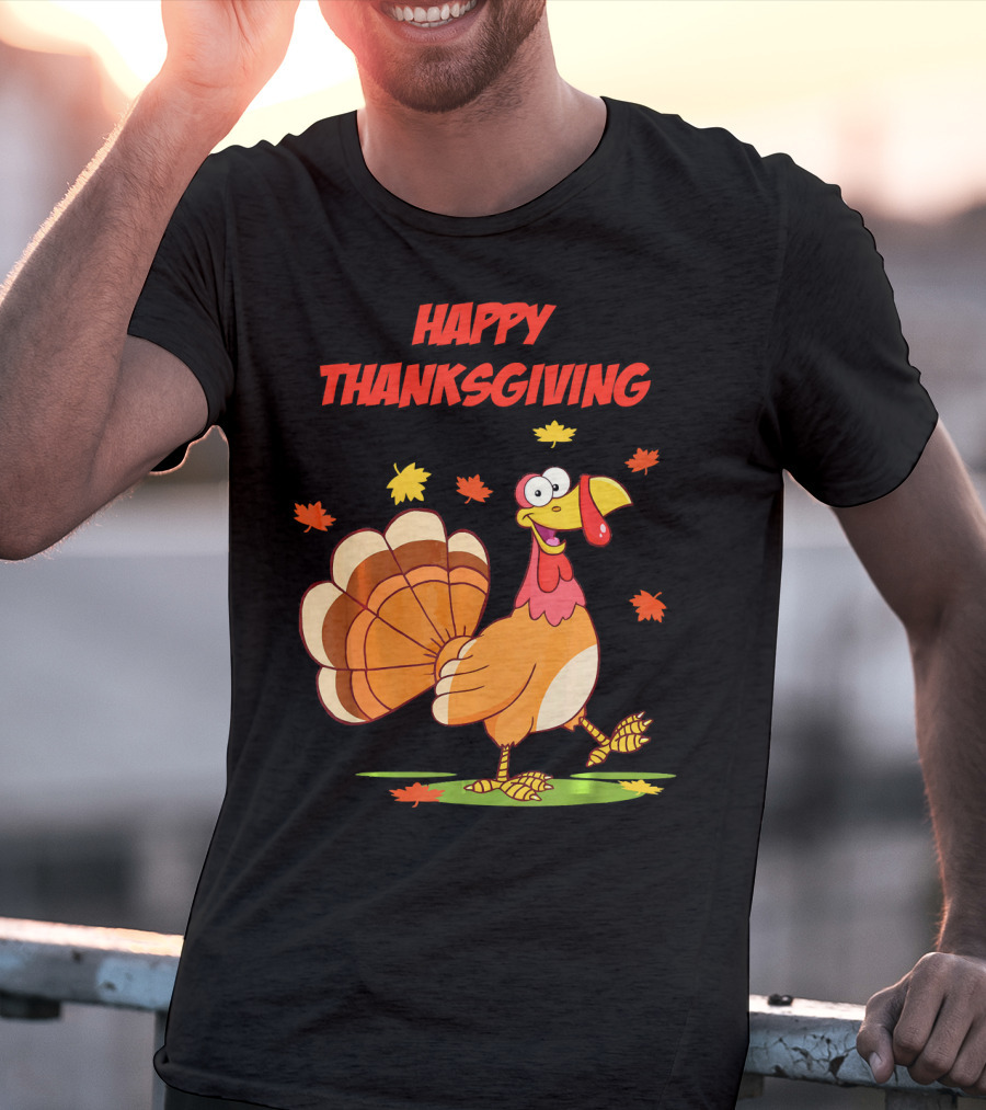 Happy Thanksgiving Funny Turkey Festive Cartoon With Falling Leaves T-Shirt