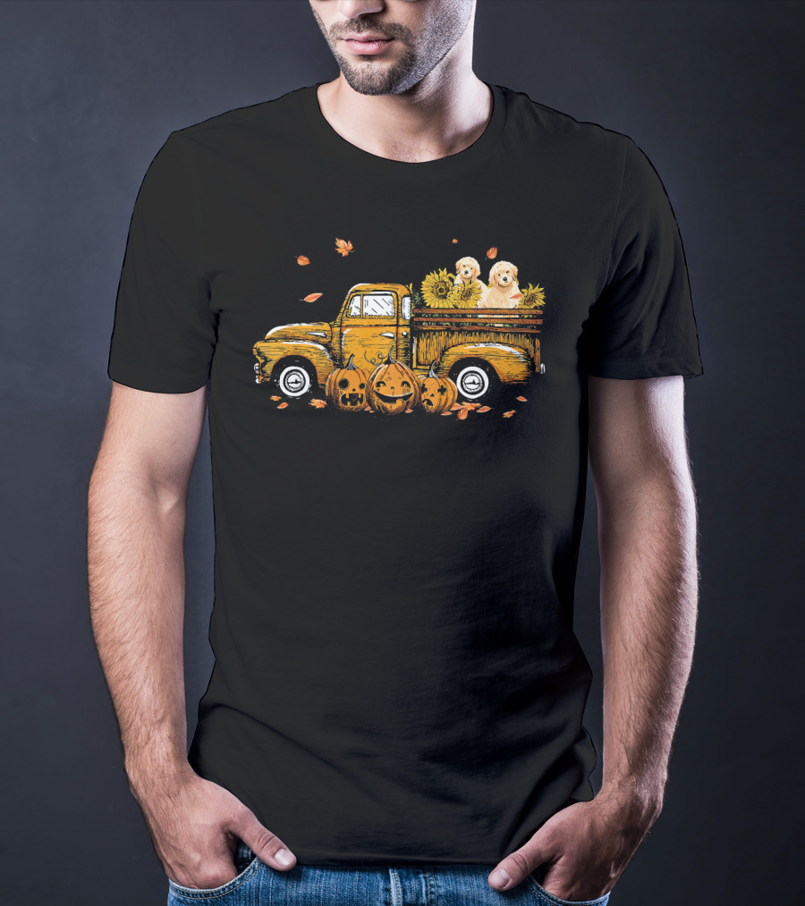 Pumpkin Truck With Sunflowers And Dogs Halloween Scene T-Shirt