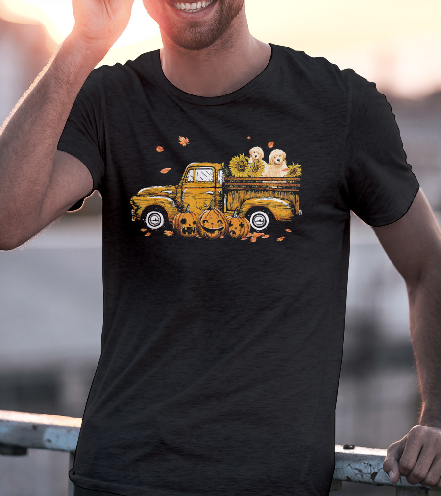 Pumpkin Truck With Sunflowers And Dogs Halloween Scene T-Shirt