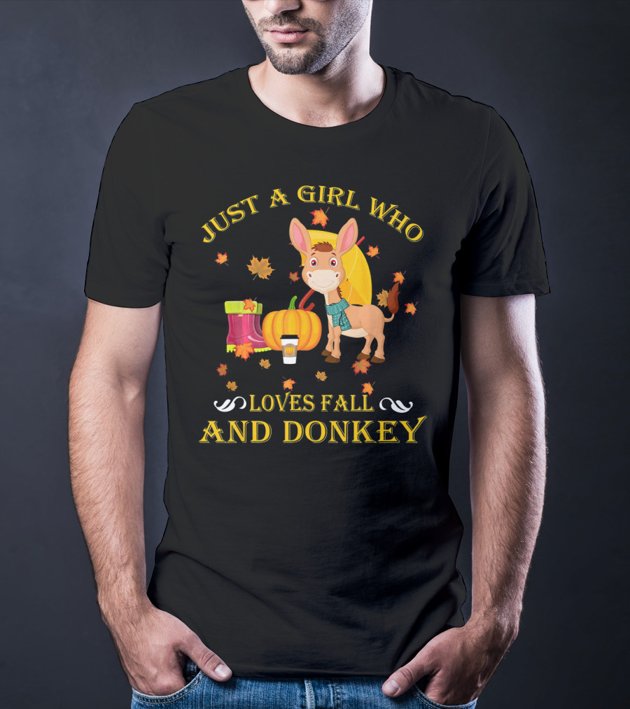 Just A Girl Who Loves Fall And Donkey Autumn Leaves Pumpkins And Boots T-Shirt