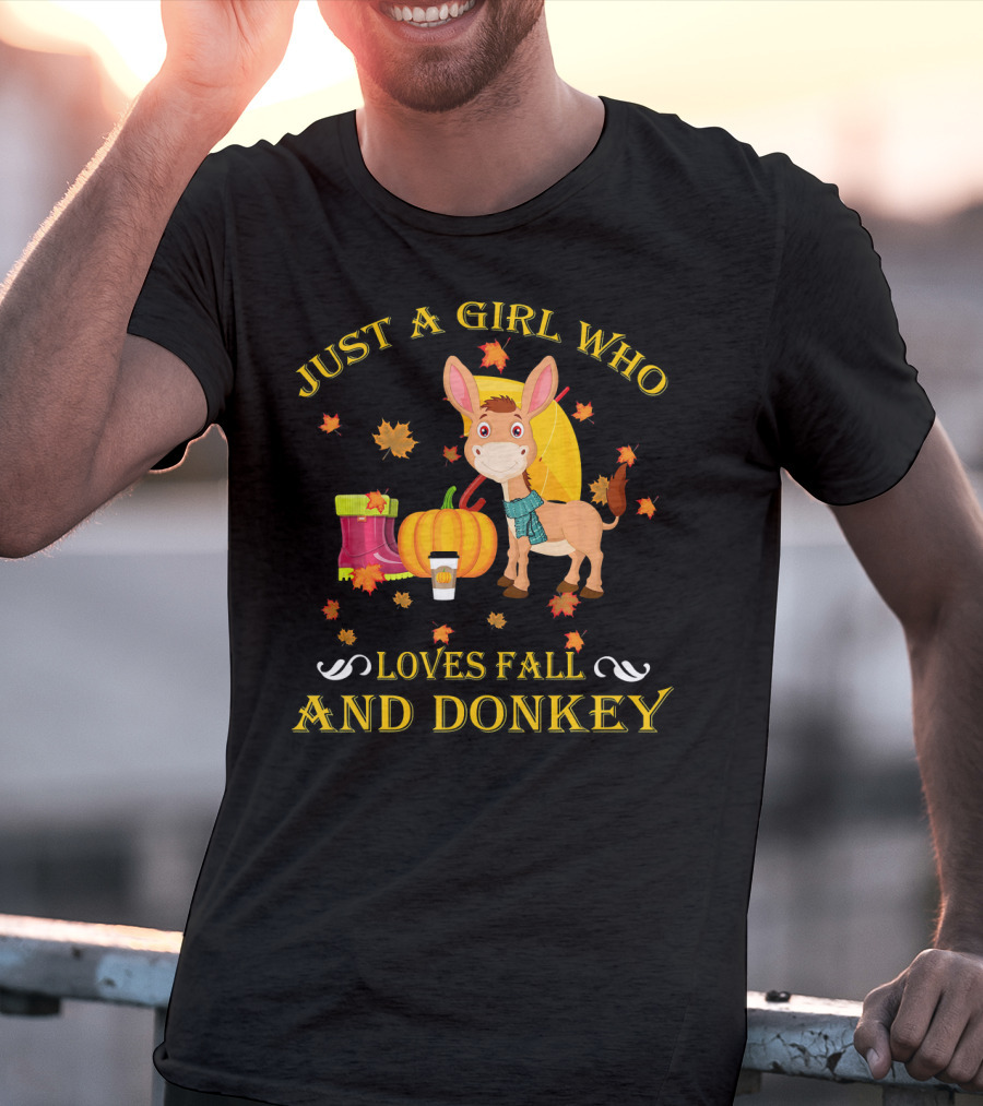 Just A Girl Who Loves Fall And Donkey Autumn Leaves Pumpkins And Boots T-Shirt