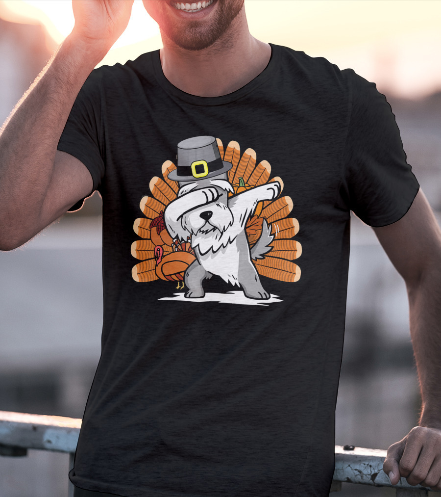 Funny Dabbing Schnauzer Thanksgiving Pilgrim Hat Turkey Dance T-Shirt