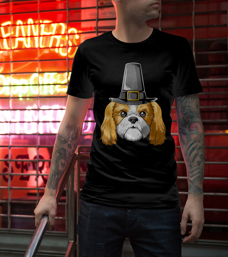 Shih Tzu Wearing Pilgrim Hat Thanksgiving T-Shirt