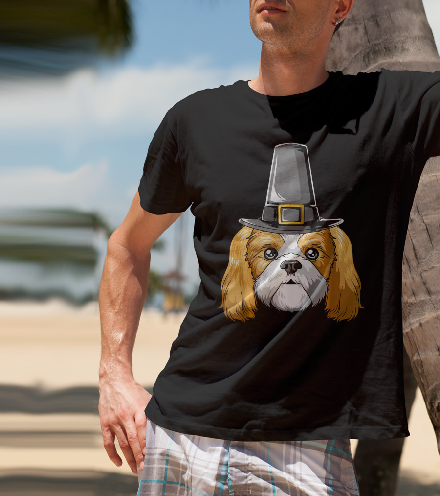Shih Tzu Wearing Pilgrim Hat Thanksgiving T-Shirt