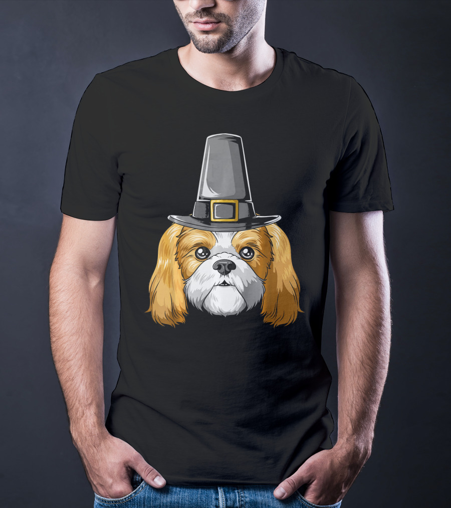 Shih Tzu Wearing Pilgrim Hat Thanksgiving T-Shirt