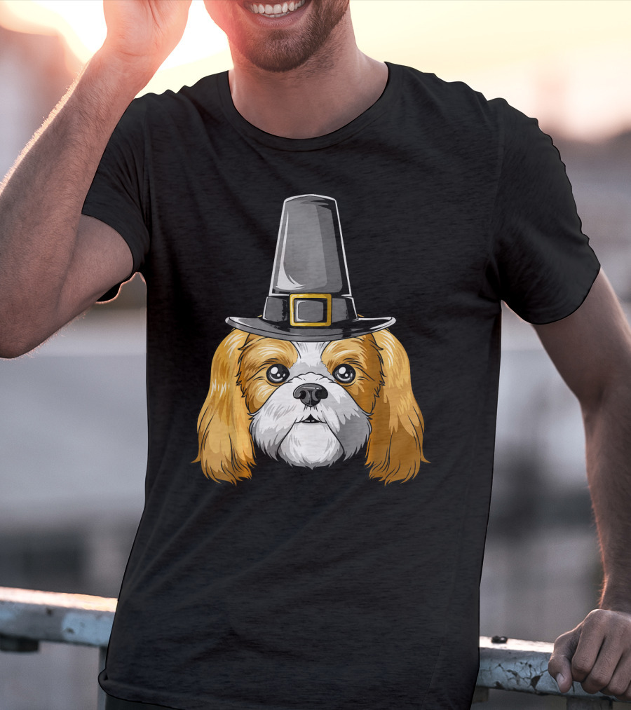 Shih Tzu Wearing Pilgrim Hat Thanksgiving T-Shirt