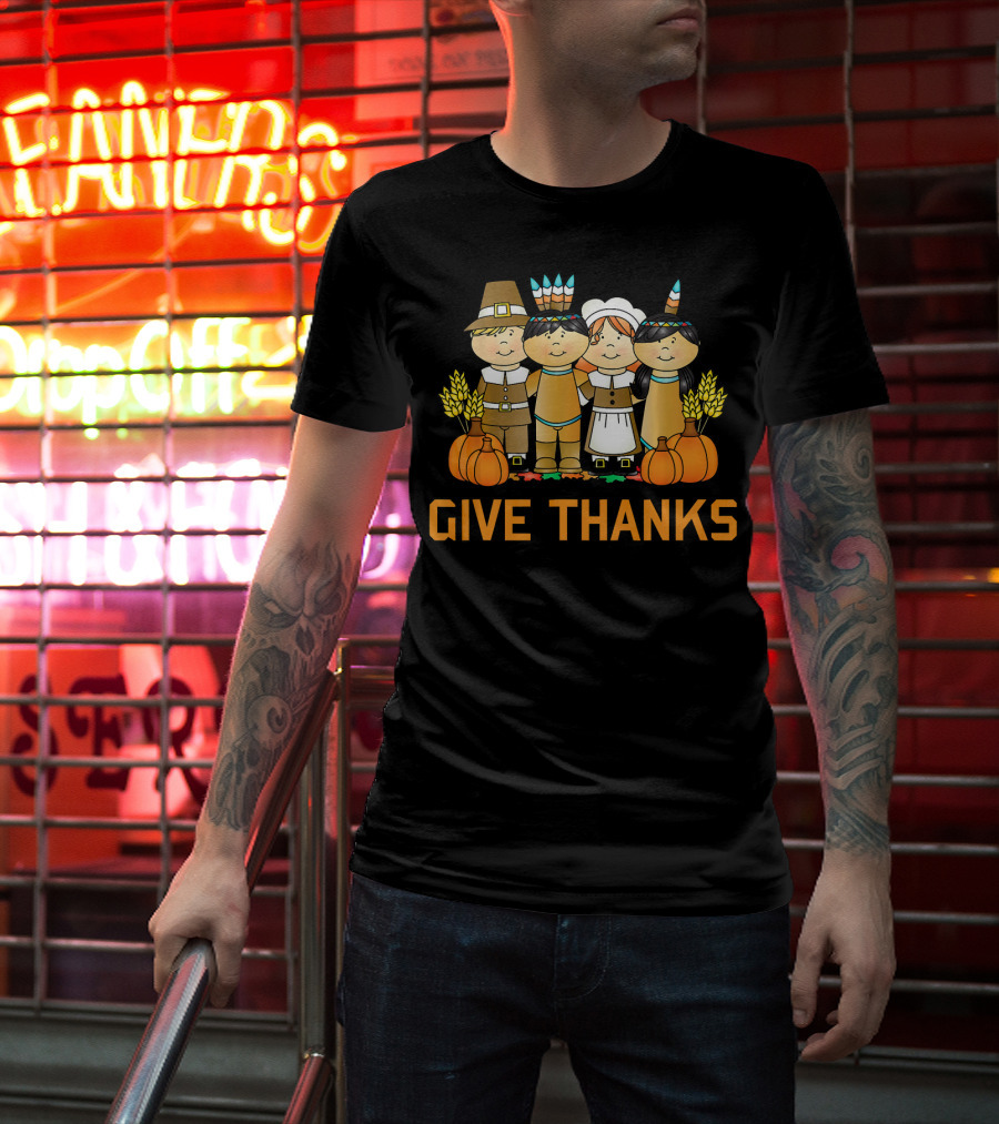Give Thanks Pumpkin Harvest Pilgrim Native American T-Shirt