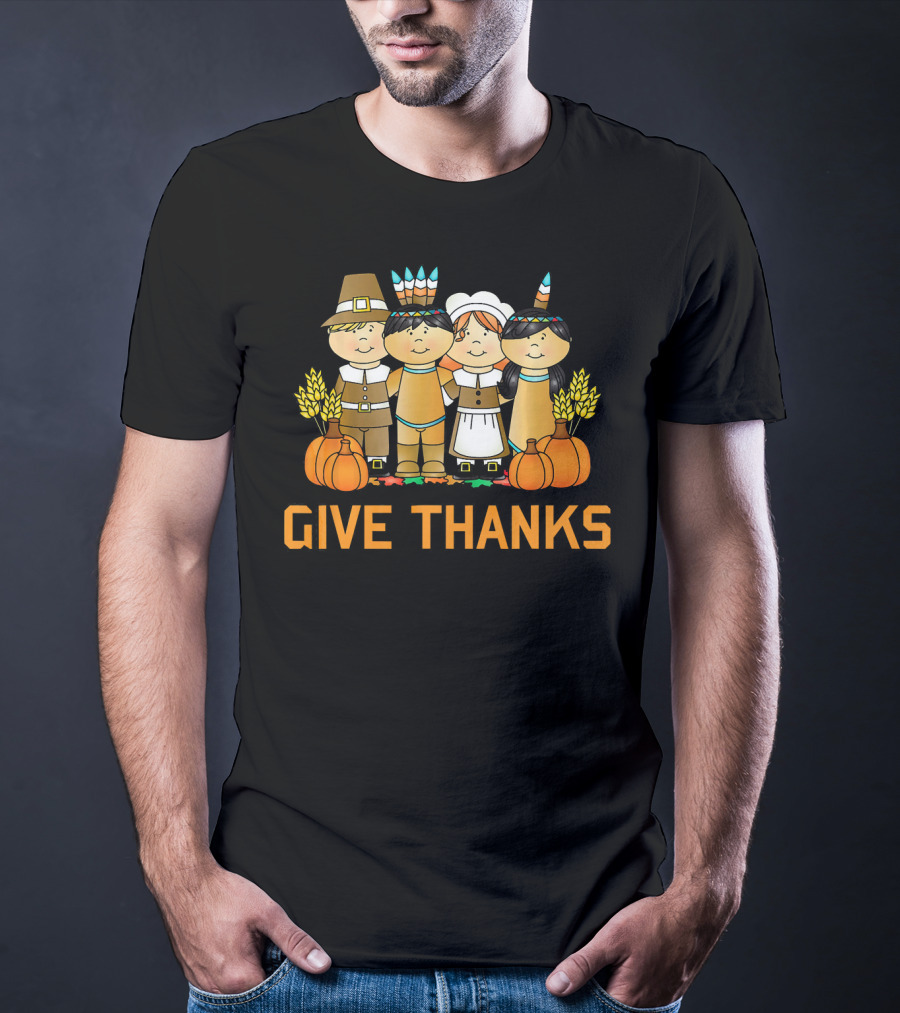 Give Thanks Pumpkin Harvest Pilgrim Native American T-Shirt
