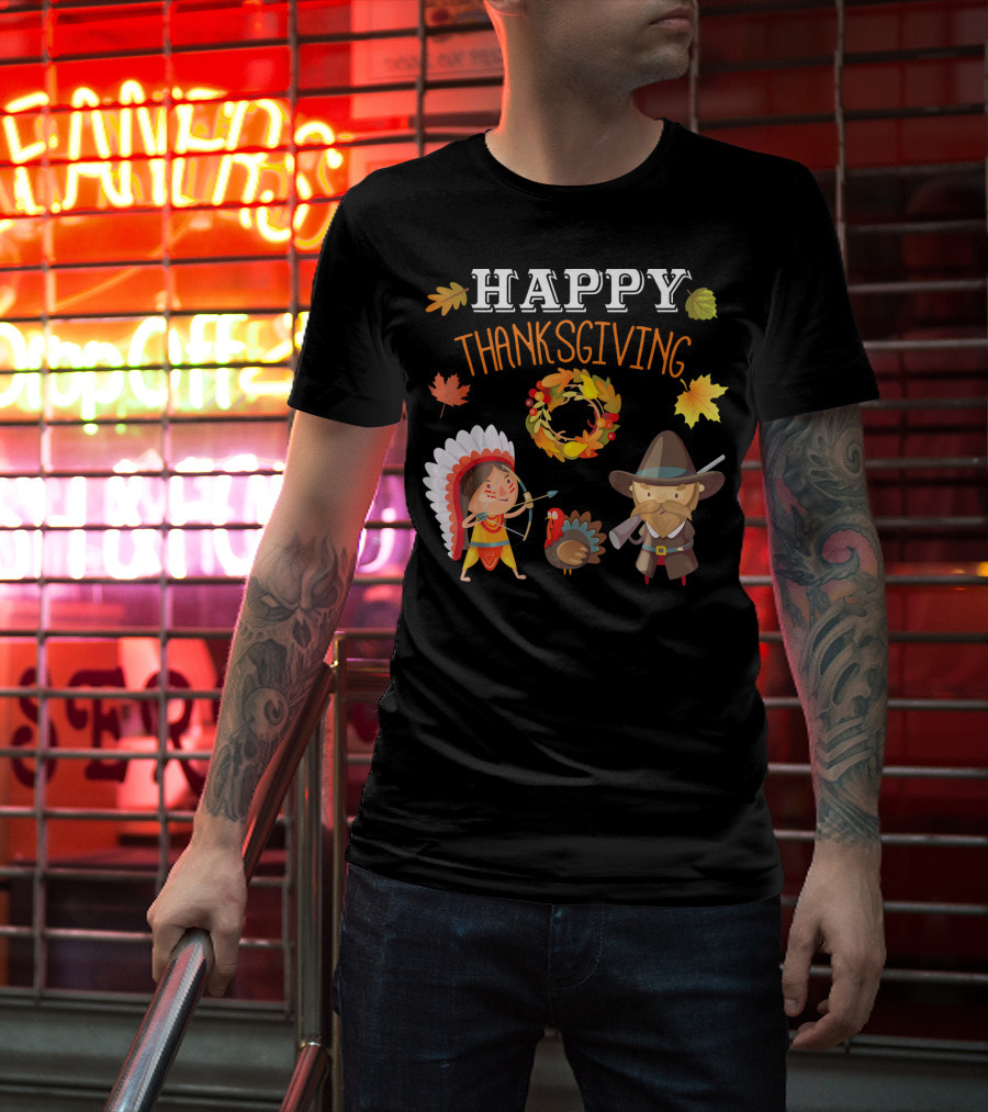 Thanksgiving Celebration With Native American And Pilgrim Turkey T-Shirt