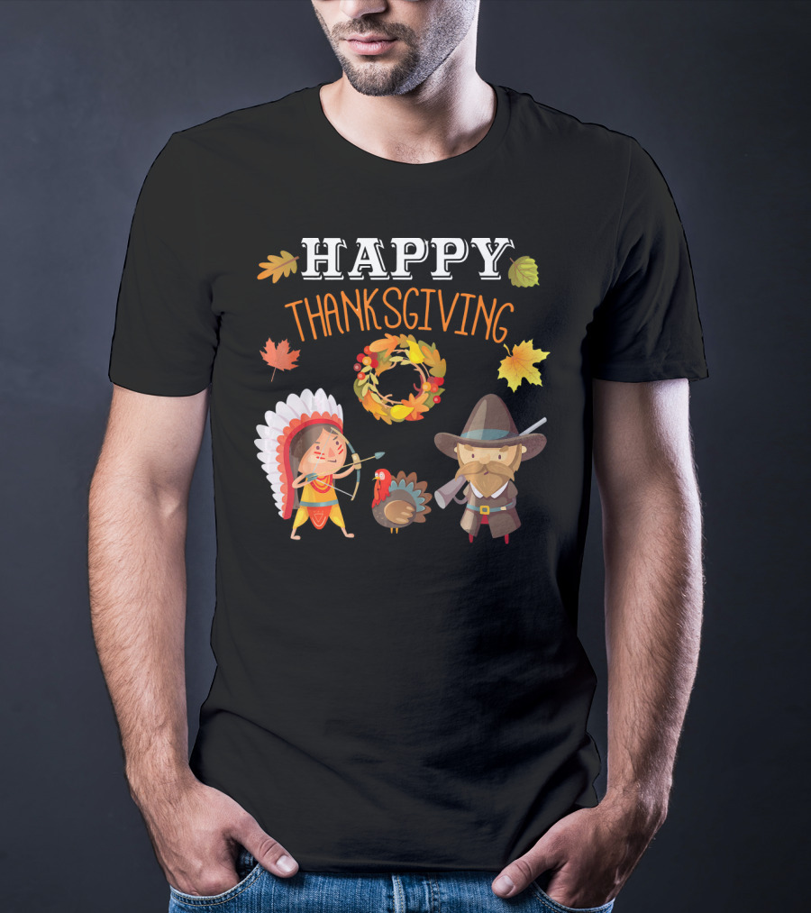Thanksgiving Celebration With Native American And Pilgrim Turkey T-Shirt