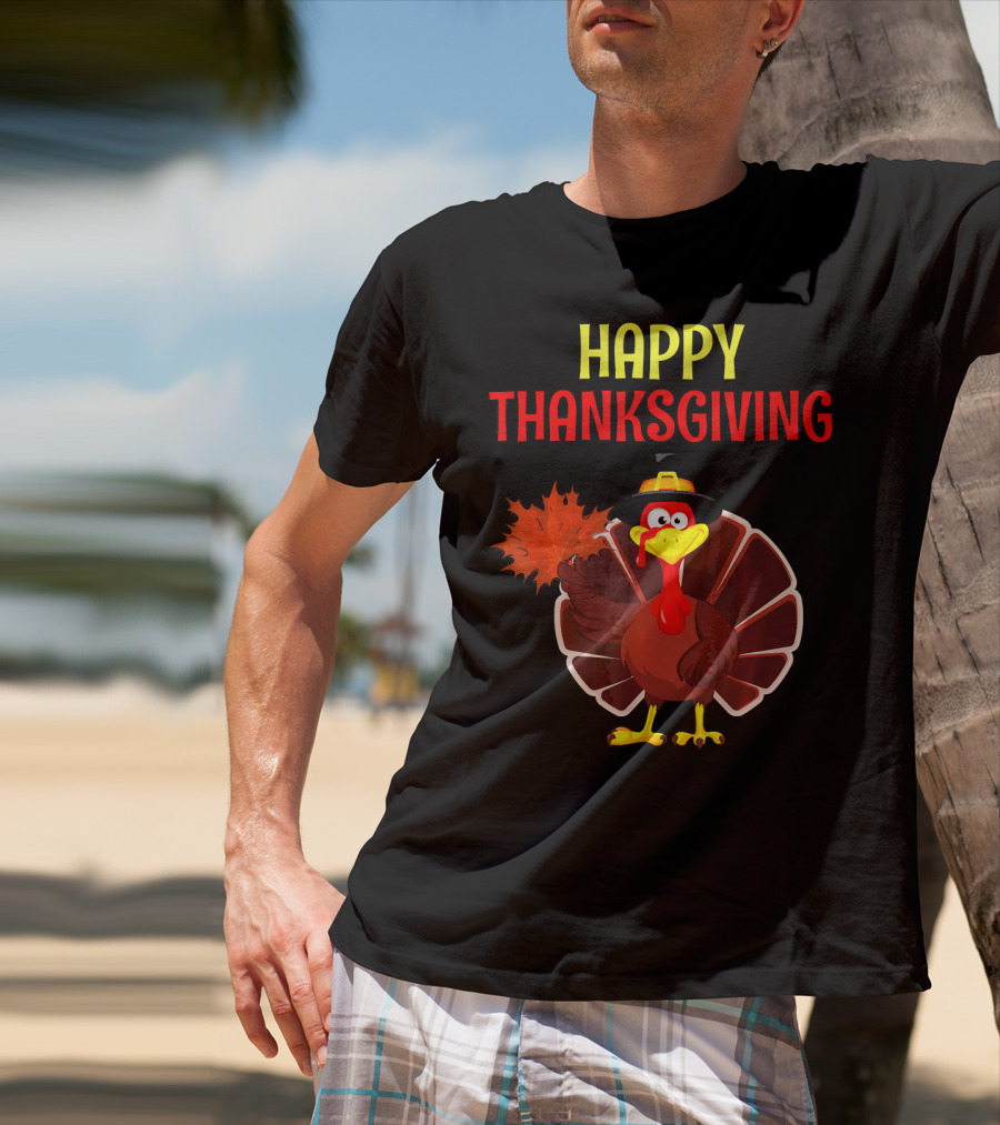 HAPPY THANKSGIVING Turkey Holding Leaf T-Shirt