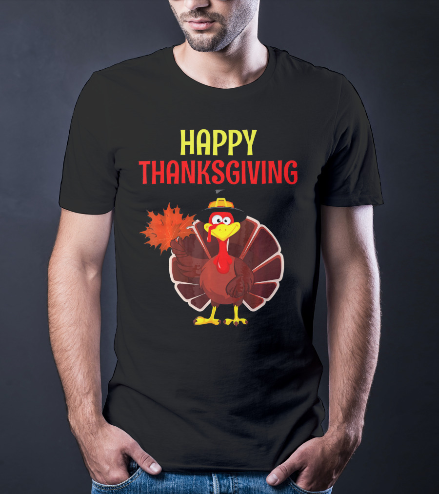 HAPPY THANKSGIVING Turkey Holding Leaf T-Shirt