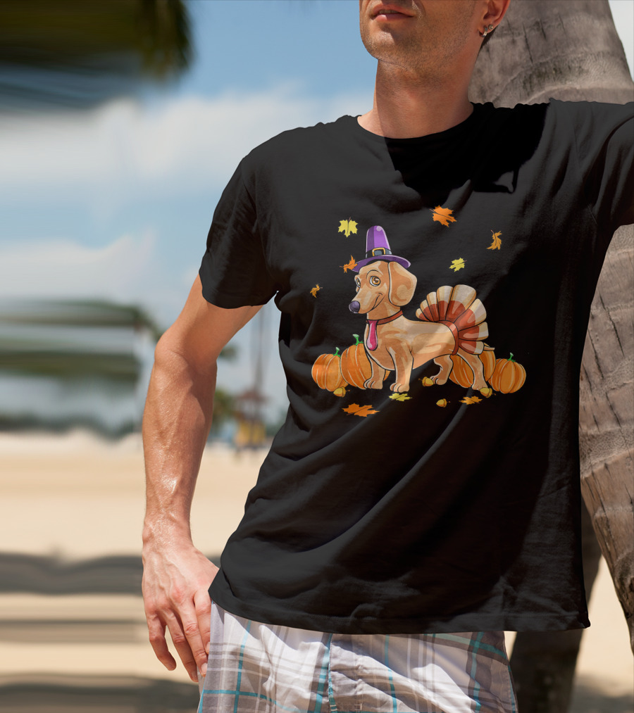 Happy Thanksgiving Dachshund Dressed As Turkey With Pumpkins And Fall Leaves T-Shirt