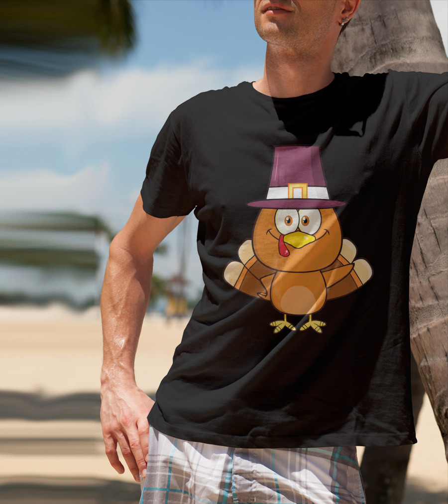 Cute Turkey Pilgrim With Hat And Feathered Wings T-Shirt