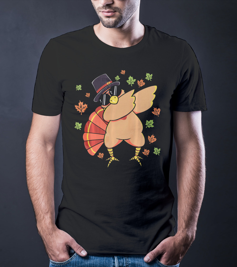 Cute Dabbing Turkey With Sunglasses And Pilgrim Hat Surrounded By Autumn Leaves T-Shirt