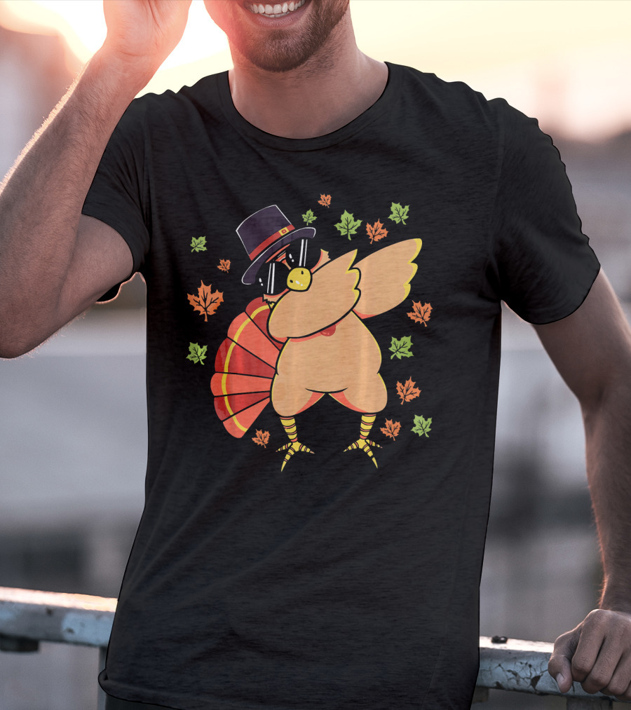 Cute Dabbing Turkey With Sunglasses And Pilgrim Hat Surrounded By Autumn Leaves T-Shirt