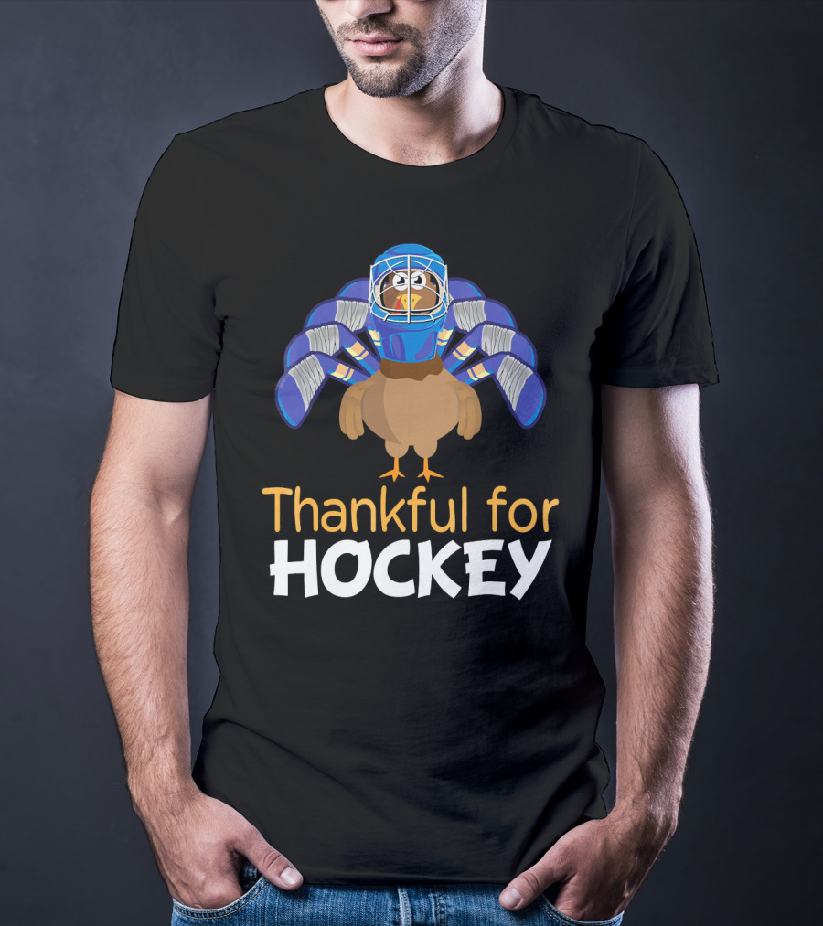 Thankful For Hockey Funny Turkey With Goalie Mask And Stick Feathers T-Shirt