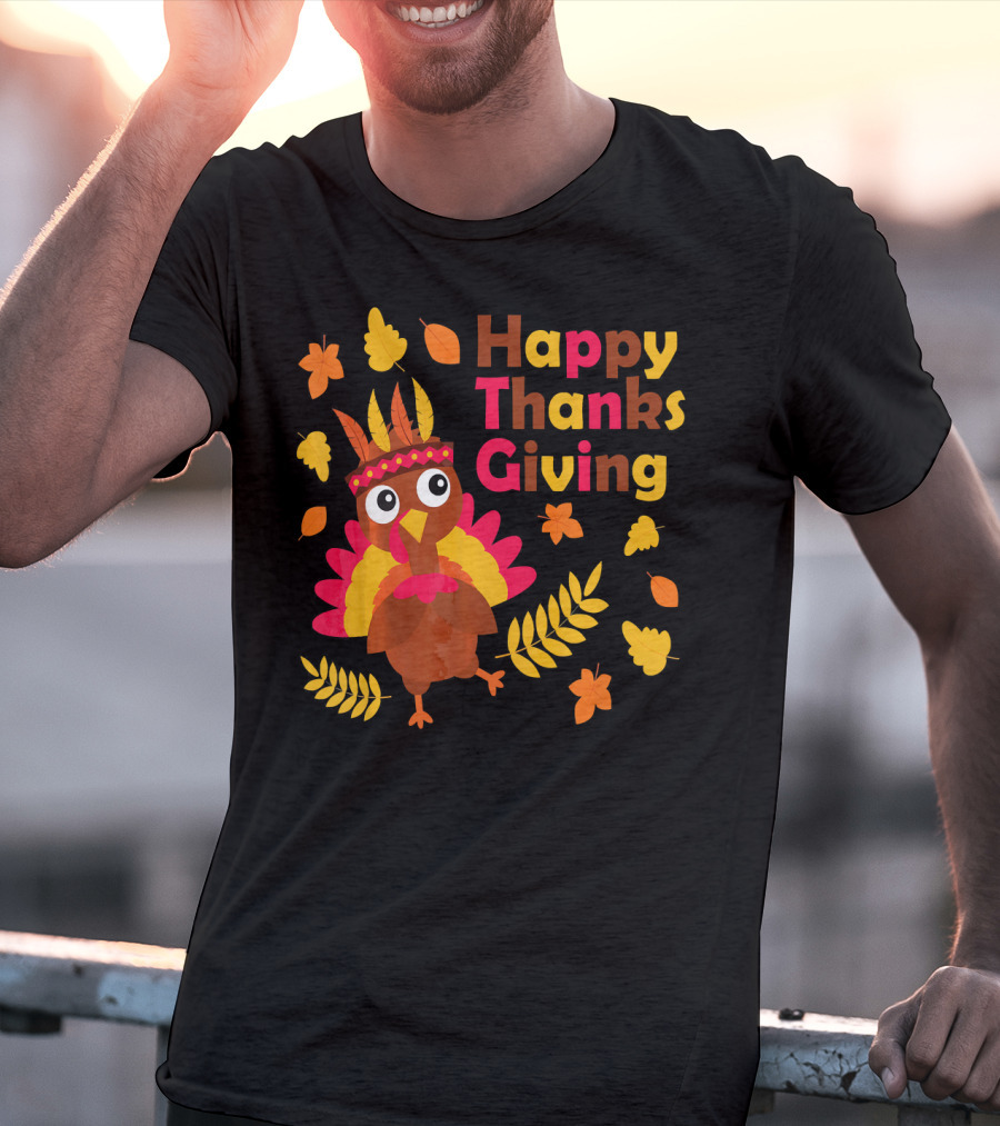 Happy Thanksgiving Cute Turkey With Native American Inspired Details And Autumn Leaves T-Shirt