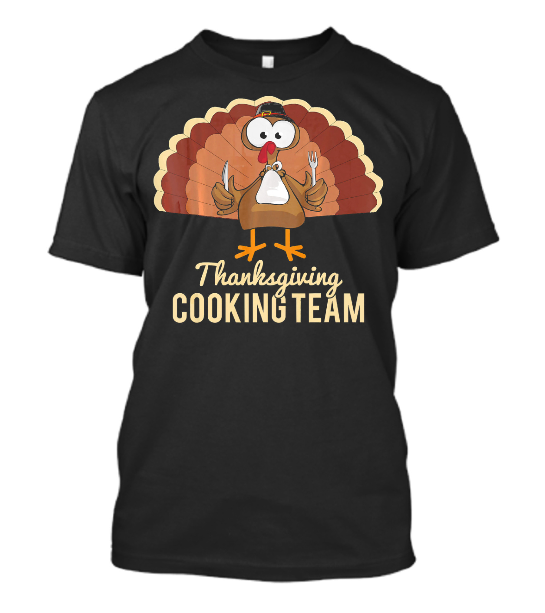 Thanksgiving Cooking Team Turkey With Pilgrim Hat And Utensils T-Shirt