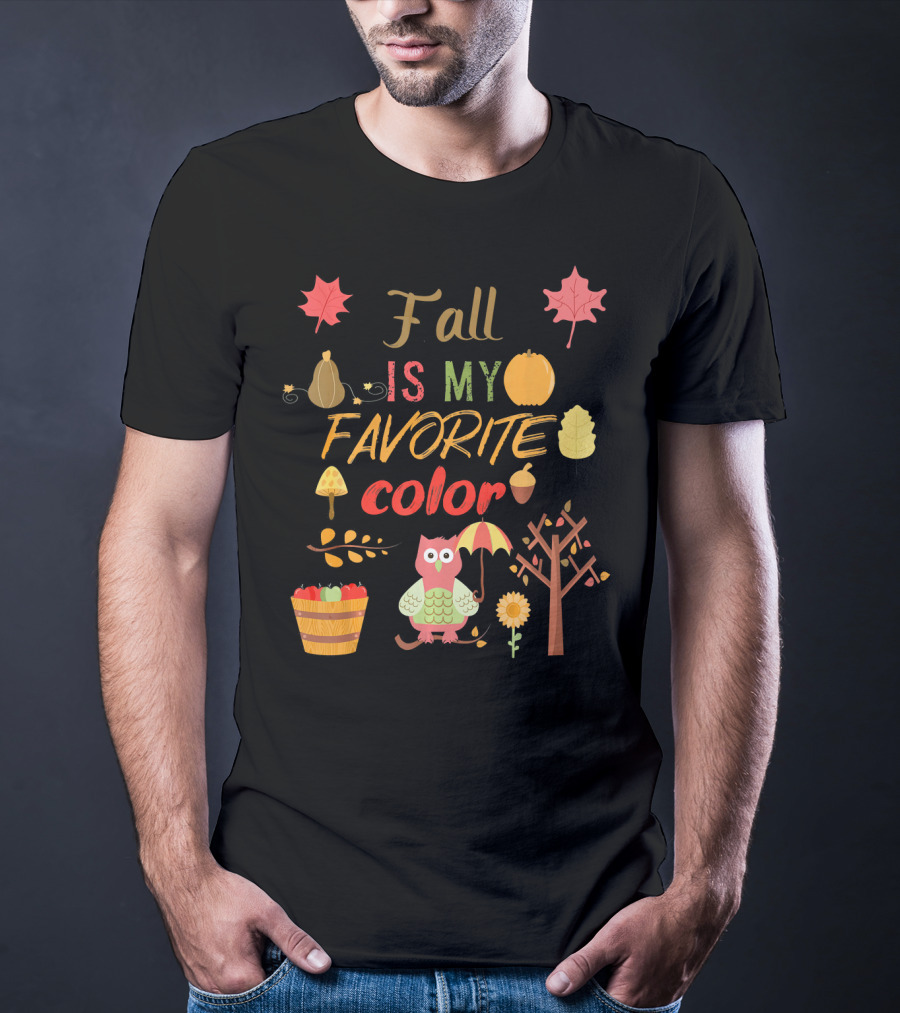 Fall Is My Favorite Color Owl With Umbrella Autumn Harvest Leaves Pumpkin Acorn T-Shirt