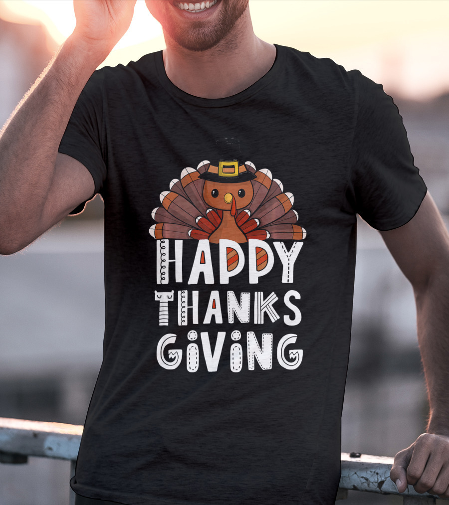 Happy Thanksgiving Funny Turkey Day With Pilgrim Hat T-Shirt