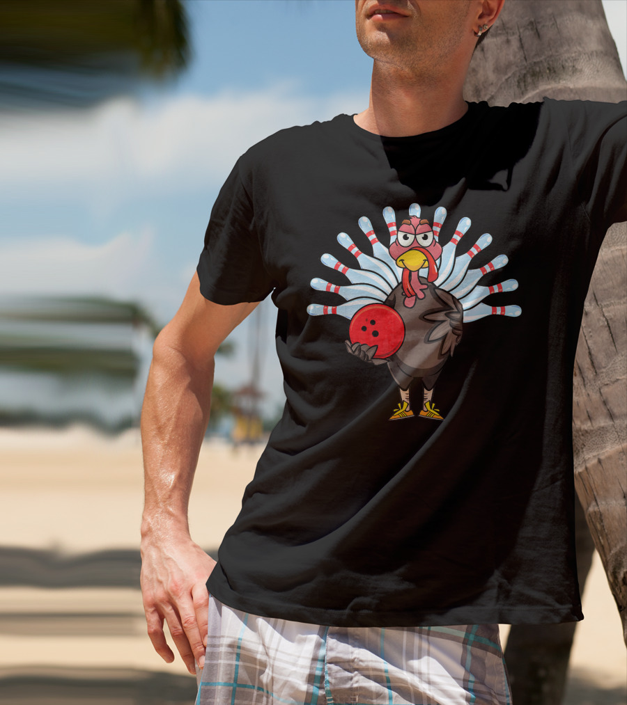 Thanksgiving Turkey Holding Bowling Ball With Pin Feathers T-Shirt
