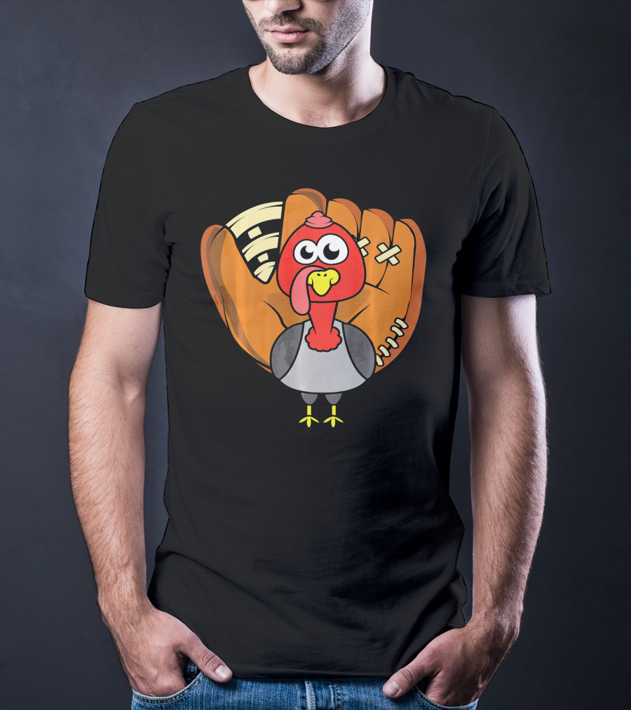 Turkey Day Cute Thanksgiving Boys Turkey With Baseball Glove T-Shirt