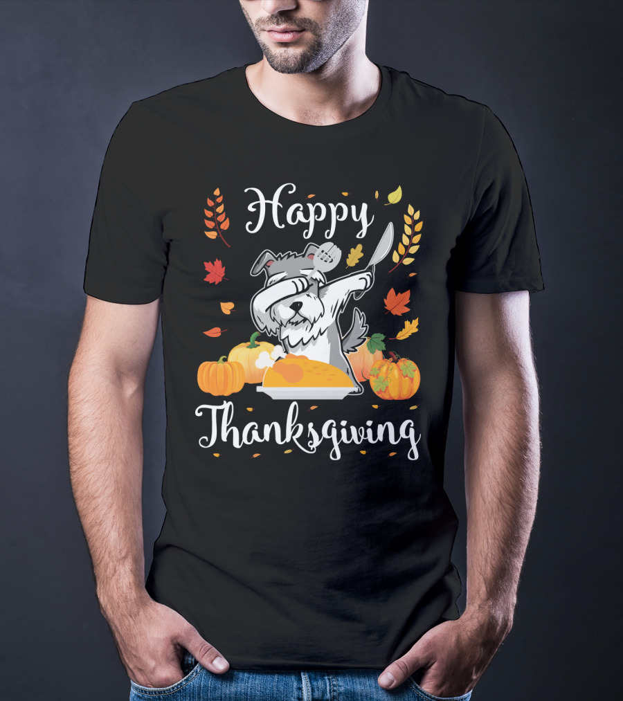 Happy Thanksgiving Schnauzer Dabbing With Turkey And Pumpkins T-Shirt