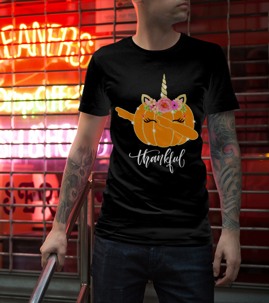 Thankful Dabbing Pumpkin Unicorn With Floral Crown T-Shirt