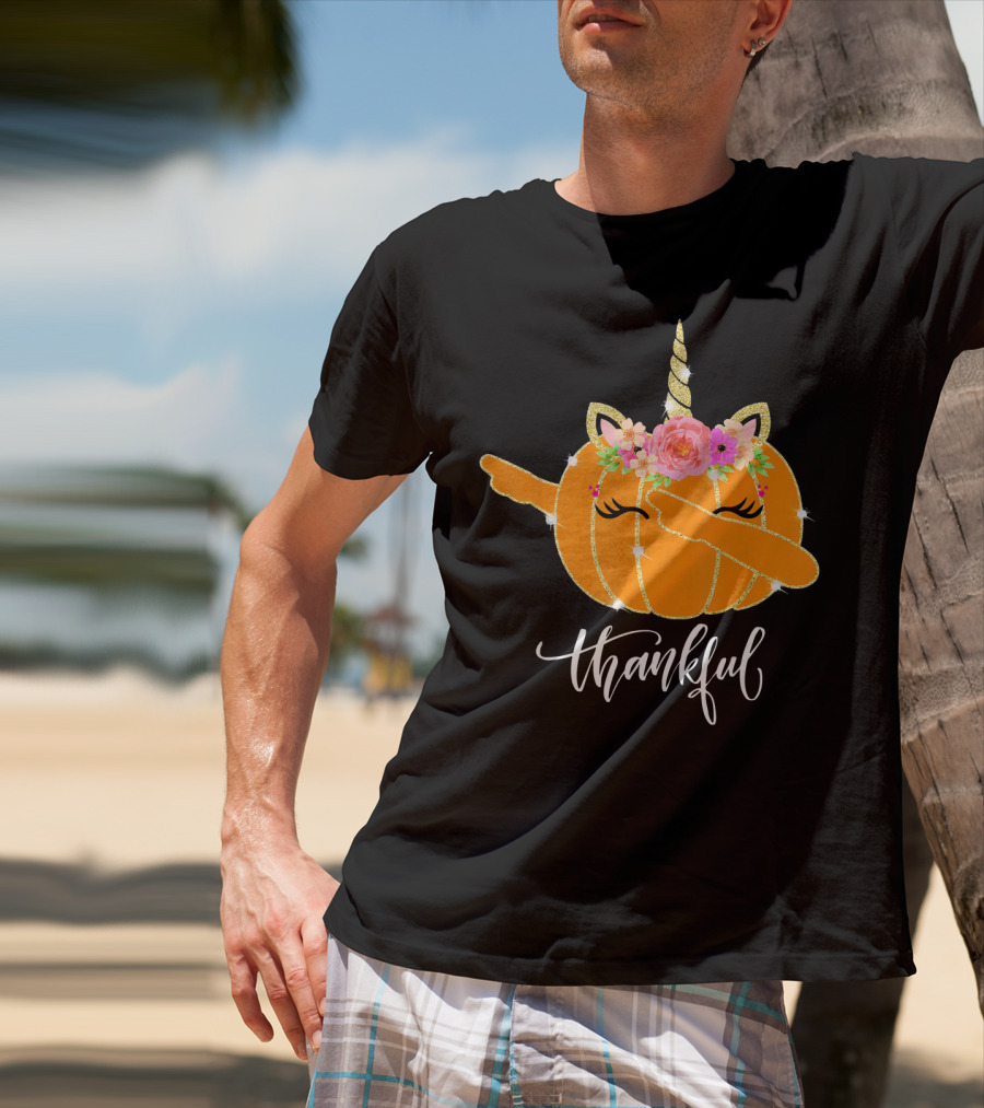 Thankful Dabbing Pumpkin Unicorn With Floral Crown T-Shirt
