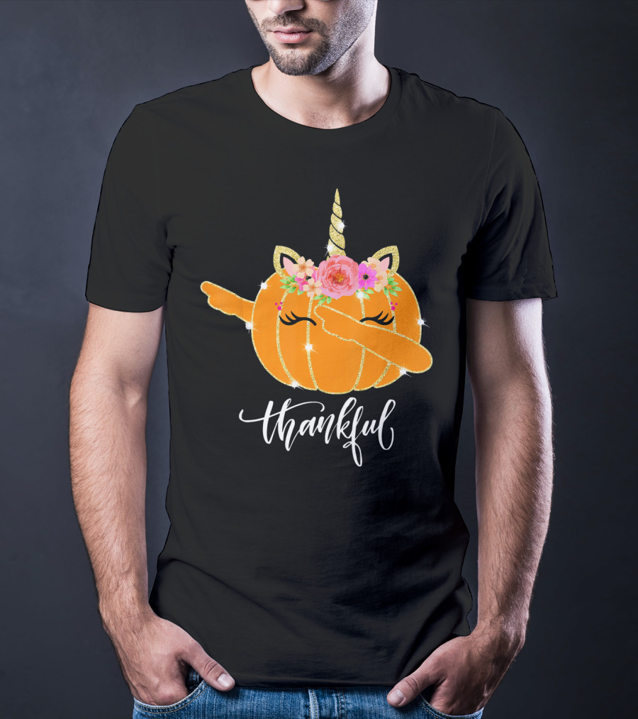Thankful Dabbing Pumpkin Unicorn With Floral Crown T-Shirt