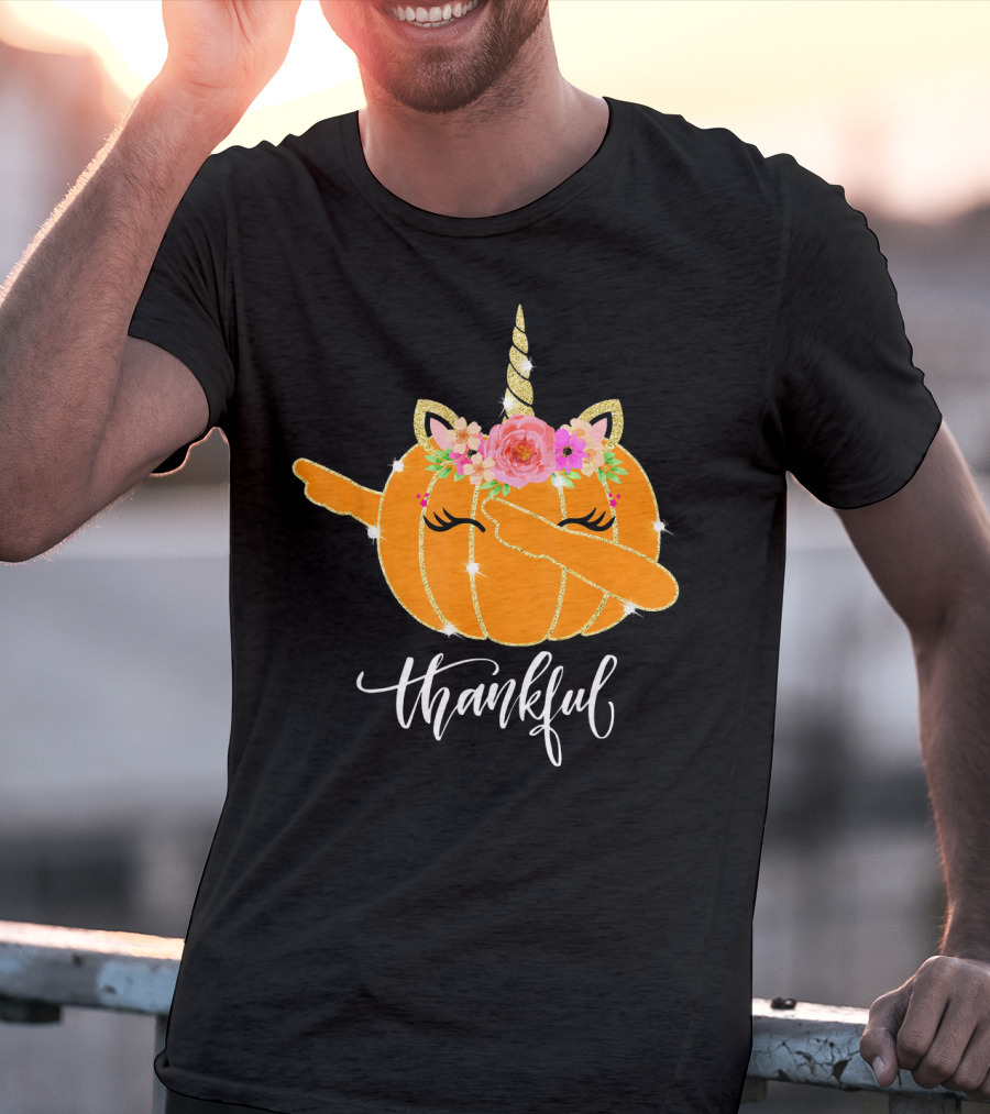 Thankful Dabbing Pumpkin Unicorn With Floral Crown T-Shirt
