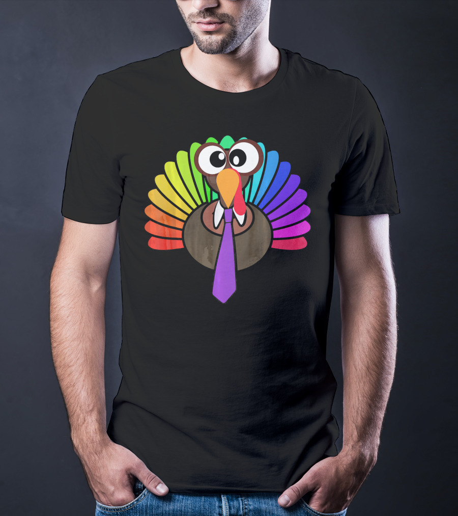 Turkey Face Tie Thanksgiving Colorful Feathers T-Shirt