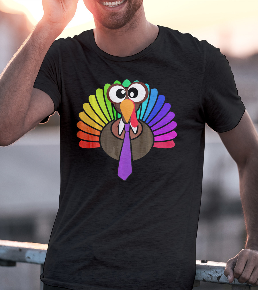 Turkey Face Tie Thanksgiving Colorful Feathers T-Shirt