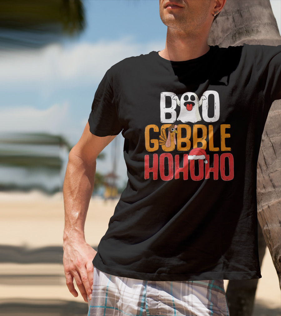 BOO GOBBLE HOHOHO Ghost Turkey Santa Hat T-Shirt