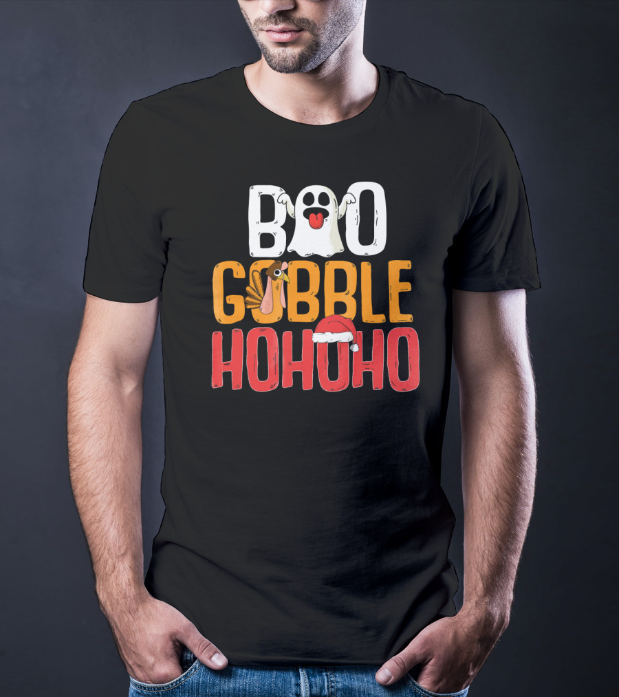 BOO GOBBLE HOHOHO Ghost Turkey Santa Hat T-Shirt