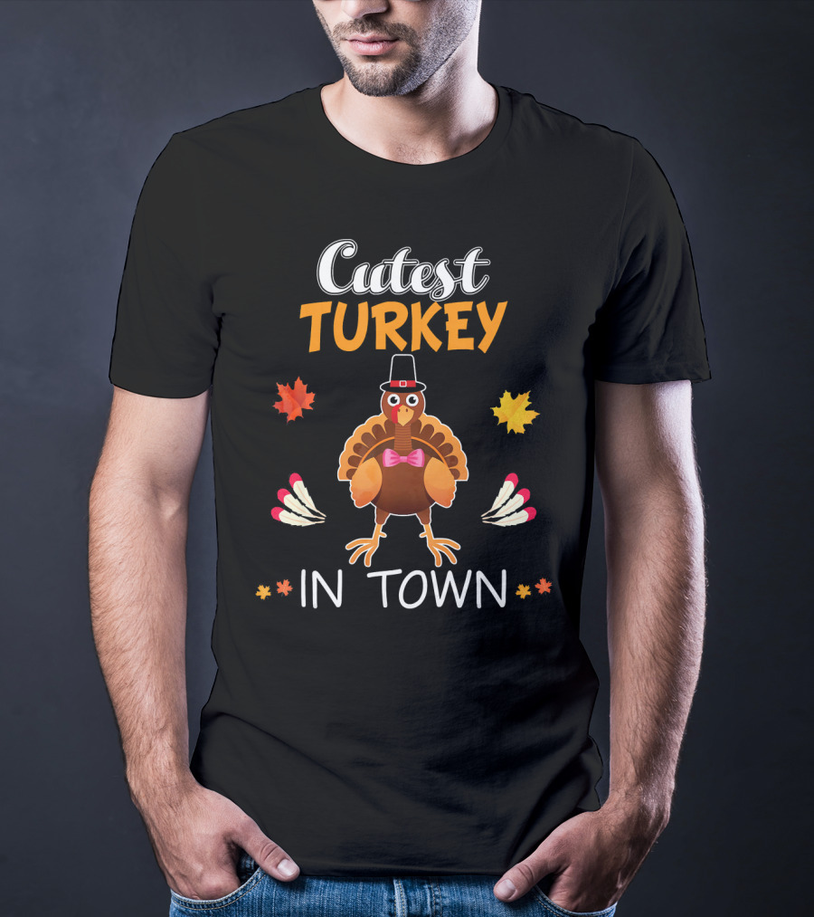 Cutest Turkey In Town Cute Turkey Fall Leaves Bowtie T-Shirt