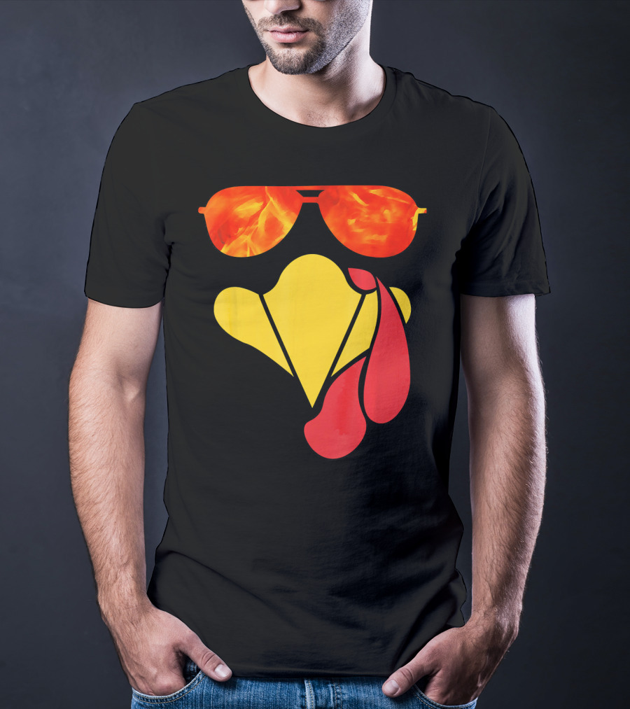 Turkey Face Thanksgiving Sunglasses Fire Flame T-Shirt