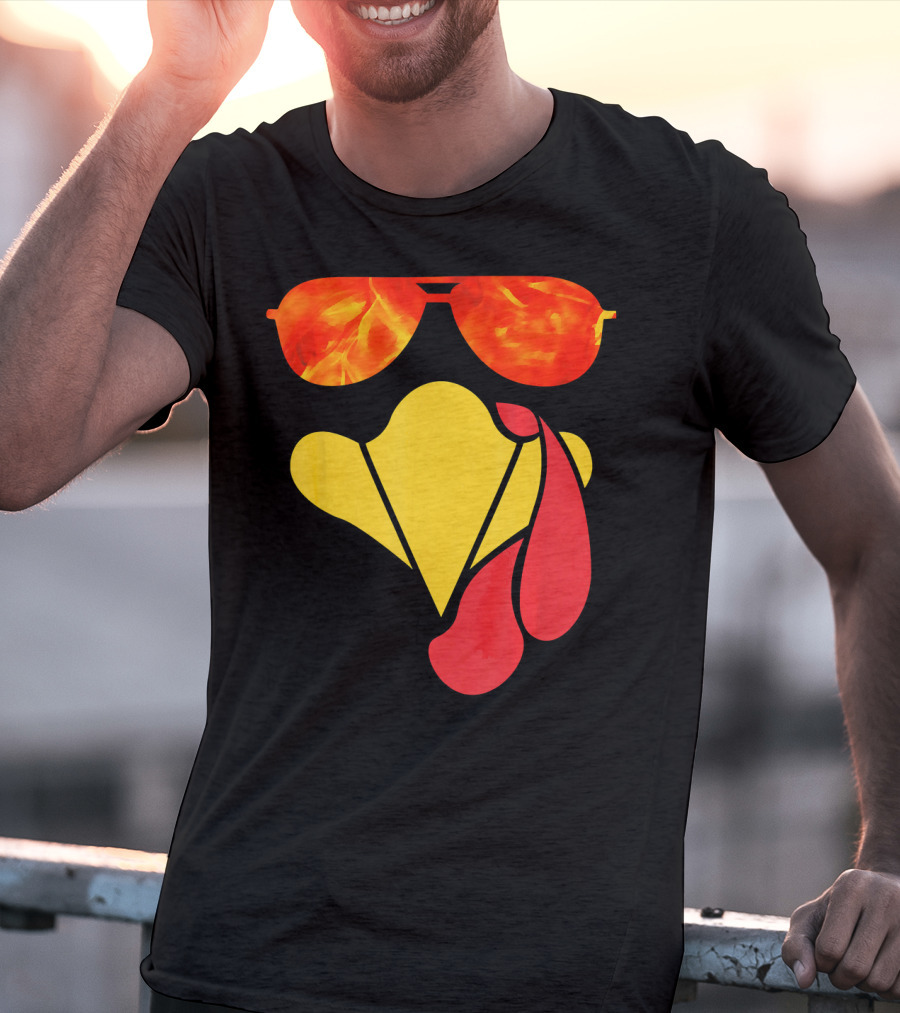 Turkey Face Thanksgiving Sunglasses Fire Flame T-Shirt