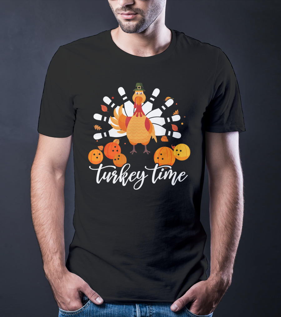 Turkey Time Bowling Fun Thanksgiving Turkey Bowling Pins Pumpkins T-Shirt