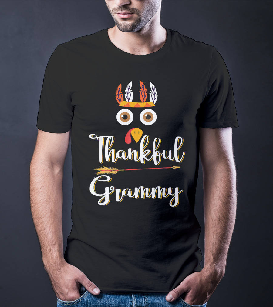 Thankful Grammy Turkey Face With Feather Headband And Arrow T-Shirt