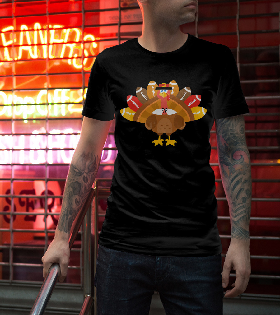 Thanksgiving Turkey Pilgrim Football Feathers T-Shirt