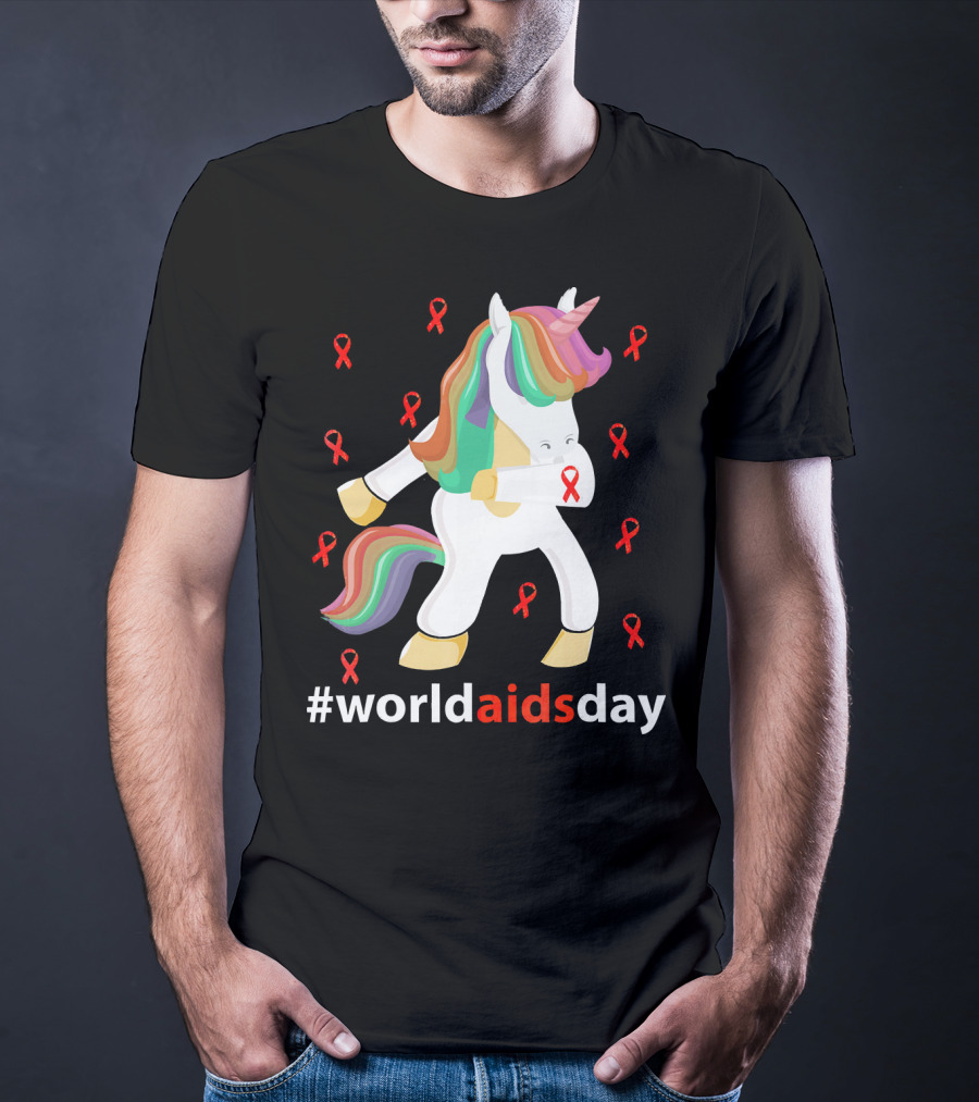 WorldAIDSDay Unicorn With Red Ribbons December 1st T-Shirt