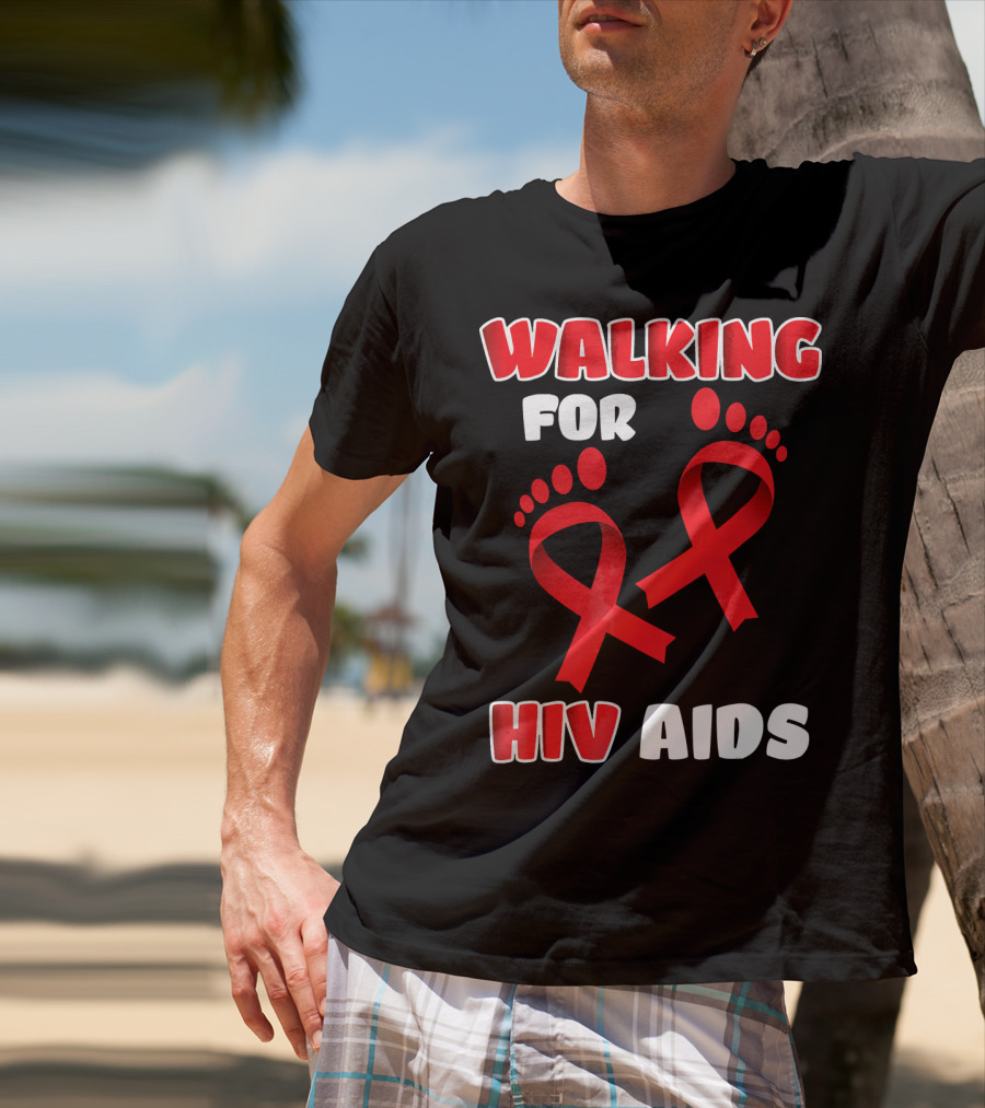 Walking For Hiv Aids Awareness With Red Ribbon Footprint T-Shirt