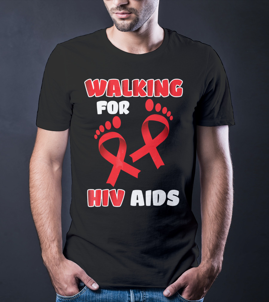 Walking For Hiv Aids Awareness With Red Ribbon Footprint T-Shirt