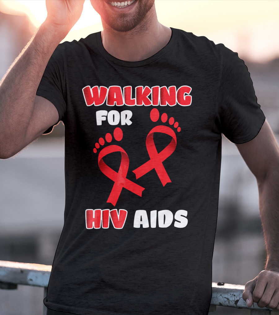Walking For Hiv Aids Awareness With Red Ribbon Footprint T-Shirt