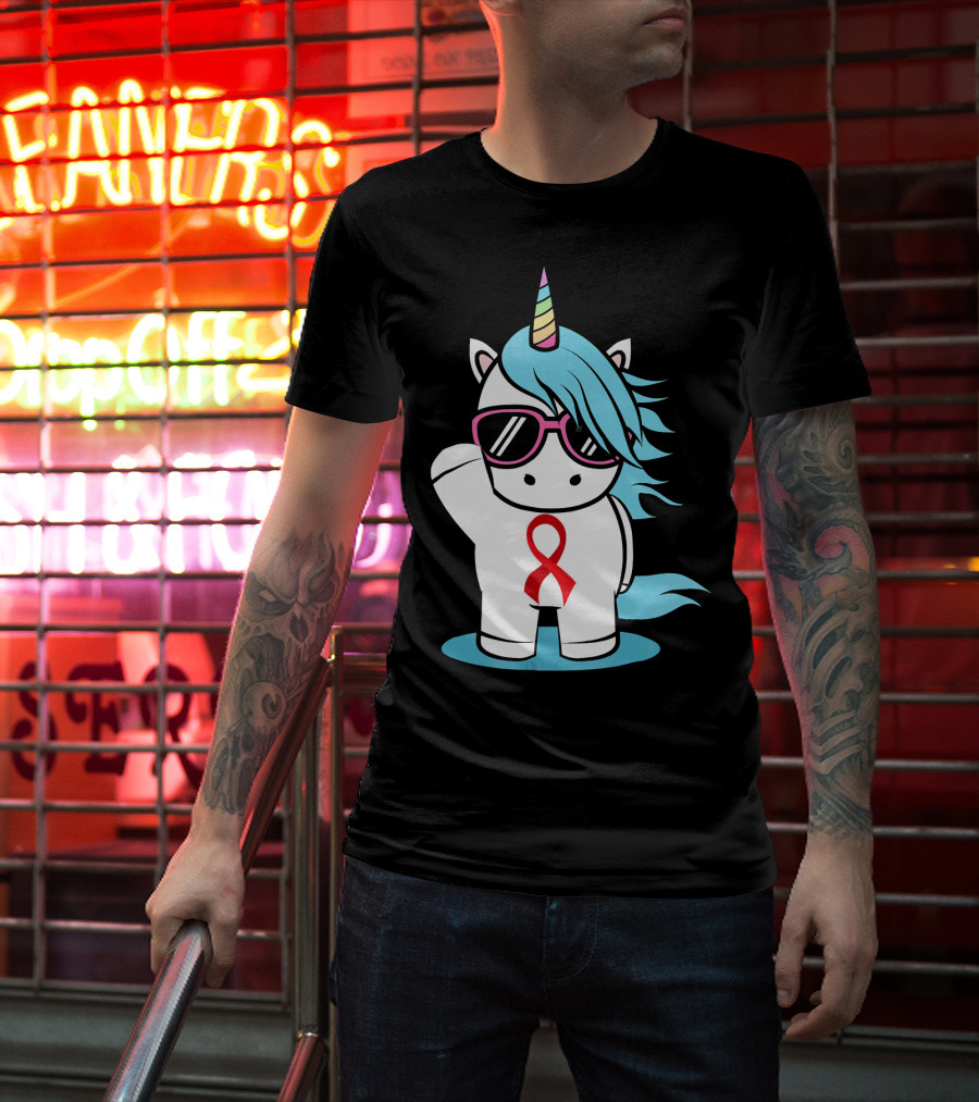 Unicorn With Sunglasses Red Ribbon Aids Awareness HIV Stigma Support T-Shirt