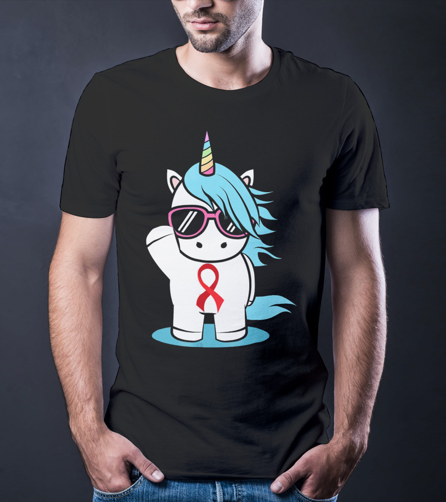 Unicorn With Sunglasses Red Ribbon Aids Awareness HIV Stigma Support T-Shirt